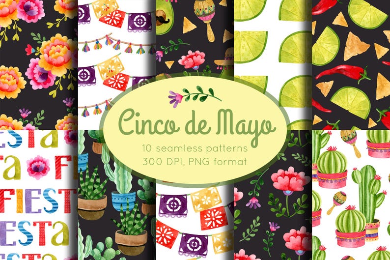 Cinco De Mayo Watercolor Clipart, Mexican Seamless Patterns PNG - Etsy