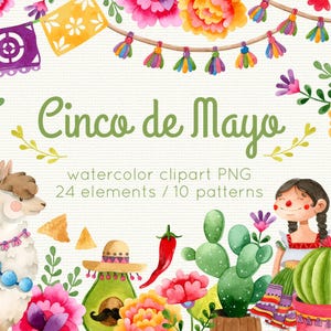 Może przedstawiać: Akwarela clipart PNG z motywem Cinco de Mayo. Obraz przedstawia lamę, awokado z sombrero, kaktusy i dziewczynę w tradycyjnym stroju. Kolorowe kwiaty i dekoracyjne banery dopełniają świąteczny design.