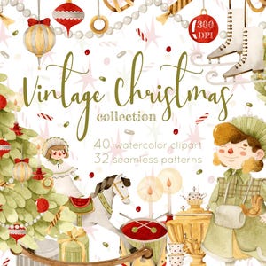 Op de afbeelding: Waterverfillustratie getiteld "Vintage Christmas Collection" met een versierde kerstboom, ornamenten en figuren. De afbeelding bevat tekst met 40 aquarel clipart en 32 naadloze patronen. Ornamenten en decoraties zijn rood, goud en wit.