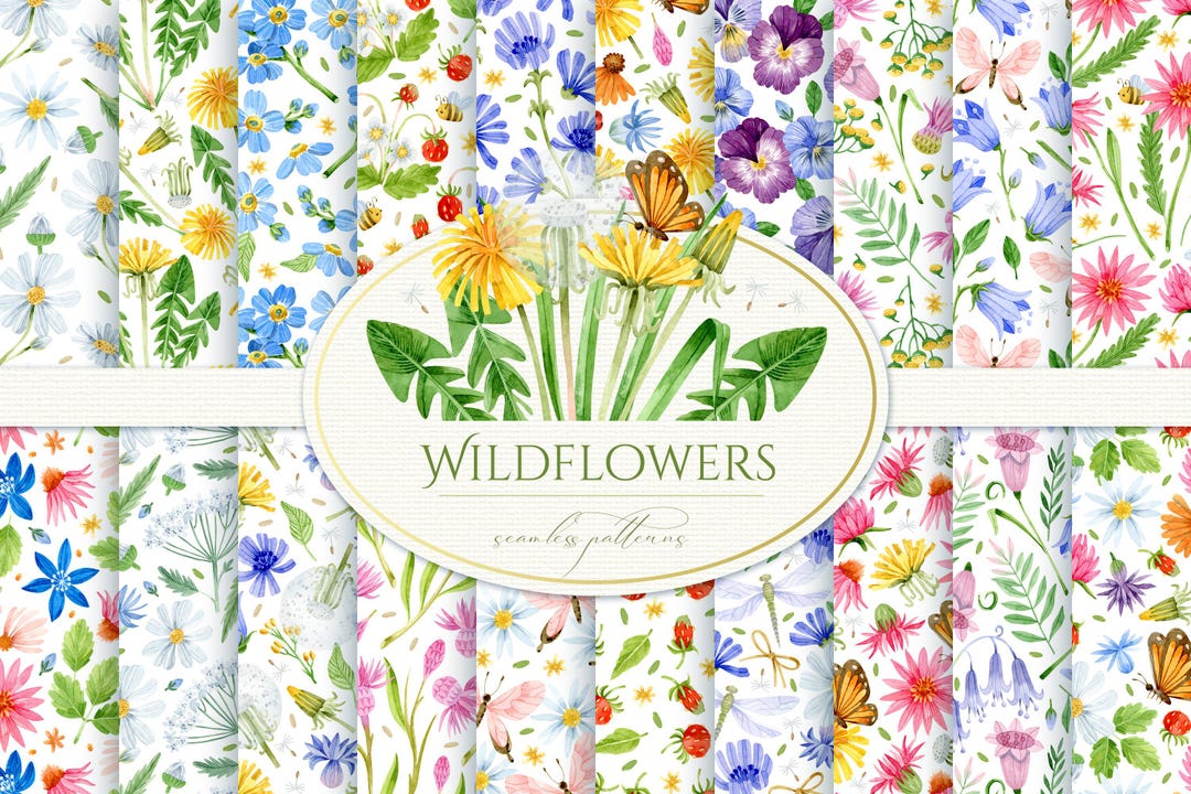 Watercolor Wildflowers Seamless Patterns Set PNG/300 DPI - Etsy