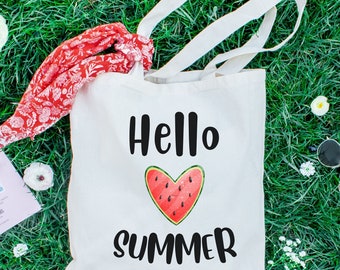Hello Summer cute fun watermelon canvas tote bag, pool tote bag, beach tote bag, trendy tote bag, vacation tote bag, camping tote bag, gift,