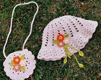 Conjunto de gorro y bolso tejido para bebé, gorro de flores de verano, bolso tejido