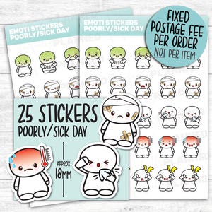 25 POORLY EMOTI STICKERS | Sick Day, Headache & Bandaged Kawaii Planner / Journal Stickers