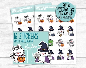 16 naklejek z emotikonami HALLOWEEN / Arkusz naklejek Kawaii do planerów, kalendarzy, dzienników i dzienników Bullet Journal