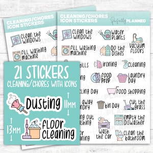 21 pegatinas con iconos de tareas domésticas y limpieza de la casa para tu agenda y bullet journal