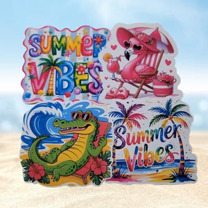 Sticker estival Quatre motifs flamant rose, alligator, palmier Summer Vibes, Summer Vibes. Parfait pour un ordinateur portable ou une gourde