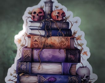 Sticker griezelige boekenstapel | Donkere sticker van Halloween van de academische wereld | Sticker gotische boekenliefhebber | Sticker schedelboeken | Cadeau heksenlezer