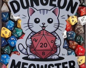 Naklejka Dungeon Meowster | Naklejka D20 Cat | Naklejka RPG z kotem | Kotek rzucający kostką | Prezent dla gracza fantasy | Naklejka inspirowana DnD