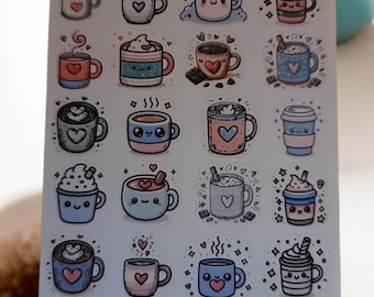 Kawaii koffieplannerstickers | Leuke koffiekopstickers | Koffieliefhebber plannerstickers | Gezellige drankpictogrammen | Kawaii latte en warme chocolademelk