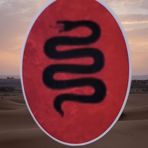 May include: A red oval sticker with a white border. The sticker features a black, stylized snake design. The background shows a desert landscape with sand dunes and a sunset sky.