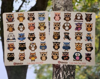 Juego de láminas de pegatinas de búhos adorables / 50 pegatinas de búhos encantadores / Pegatinas kawaii para agendas / Calcomanías para diarios, álbumes de recortes y botellas de agua