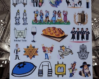 Simchat Torah Sticker Sheet Jewish Holiday Stickers Torah Scroll Hamsa Star of David Judaica