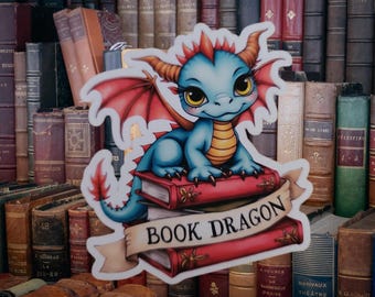 Book Dragon Sticker | Cute Reading Dragon Vinyl Sticker | Fantasy Book Lover Sticker | Dragon Reader Decal | Bookworm Gift for Readers