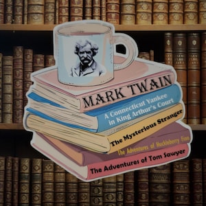 Mark Twain bokstapelklistermärke | Litterärt dekal | Laptopklistermärke med klassiska böcker | Läspresent | Boklig klistermärke med vattenflaska