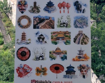 China Landmark Sticker Sheet | Watercolor China Travel Stickers | Great Wall Panda Temple Planner Stickers | China Decals