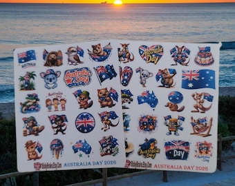 May include: A sticker sheet featuring various illustrations related to Australia Day, including kangaroos, koalas, quokkas, the Australian flag, and text reading Australia Day 2026 and StickyBrains.Etsy.Com, arranged in a grid on a white background.