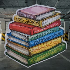 以下が含まれることがあります： Five Survive、Holly Jackson、Not Quite Dead Yet、As Good as Dead、A Good Girl's Guide to Murder、Good Girl, Bad Blood、The Reappearance of Rachel Priceというタイトルのカラフルな本の積み重ねが描かれたステッカー。
