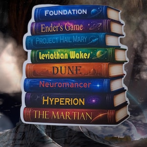 Pegatina de pila de libros de ciencia ficción / Fundación Dune Hyperion El juego de Ender / Regalo para lectores de ciencia ficción / Vinilo adhesivo mate