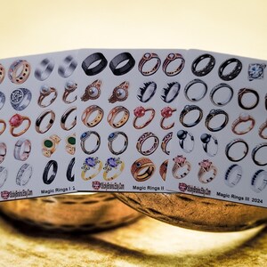 Conjunto de adesivos Magic Rings com três folhas. Adesivos para RPG para jogadores de D&D. Perfeitos para agendas/diários ou jogos de tabuleiro.