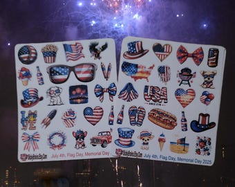 Patriotic USA Sticker Sheet Set | July 4th, Memorial Day & Flag Day Stickers | American Planner Scrapbook Decals