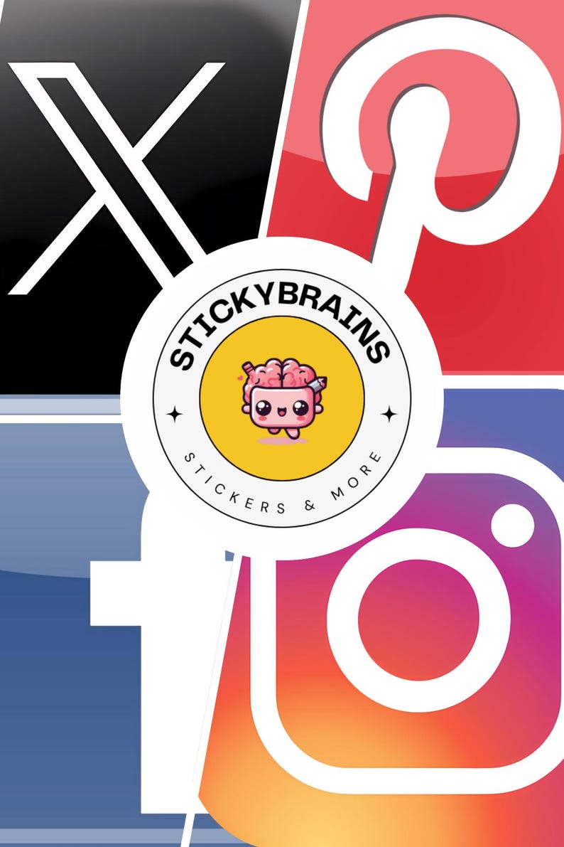 Puede incluir: Una pegatina circular con un c&iacute;rculo amarillo central que muestra un personaje de cerebro rosa de dibujos animados sosteniendo un l&aacute;piz. El texto STICKYBRAINS y STICKERS & MORE est&aacute; impreso en negro. La pegatina se superpone a logos sociales.