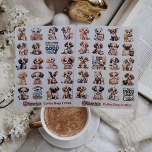 Niedliche Kaffeehunde Sticker auf 2 Seiten - perfekt für den Planer/Journal, 15mm hoch