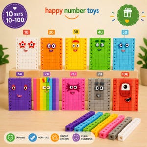 May include: A set of ten rectangular building block figures representing numbers 10 through 100, each with a unique face and color. The set includes matching colored rods for counting. Text includes "happy number toys", "10 sets 10-100", and "durable".