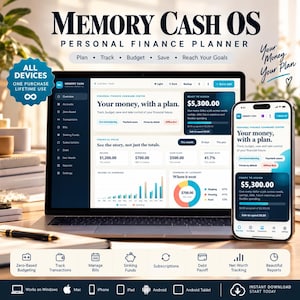 Può includere: Un pianificatore finanziario personale digitale intitolato Memory Cash OS visualizzato sullo schermo di un laptop e di uno smartphone. L'interfaccia presenta dashboard finanziarie con grafici, entrate, uscite e dati di risparmio. Il testo include Plan, Track, Budget, Save, Reach Your Goals e Your Money, Your Plan.