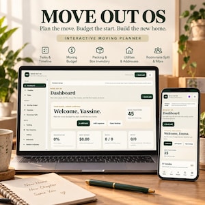 Może przedstawiać: Cyfrowy planer przeprowadzek o nazwie MOVE OUT OS wyświetlony na ekranie laptopa i smartfona. Interfejs zawiera pulpit nawigacyjny z sekcjami dotyczącymi zadań, budżetu, inwentaryzacji pudełek oraz mediów. Obok leży notatnik i długopis.