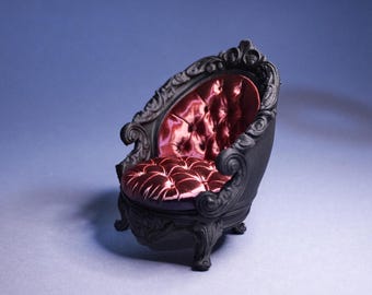 1/12 1/6 1/24 3d printed Scale Gothic Baroque Throne Chair – Black and Red velvet Tufted Miniature Armchair, Dark Rococo Dollhouse Furniture