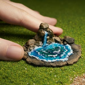 Puede incluir: Diorama en miniatura de un pequeño estanque con una cascada. El estanque presenta agua azul y blanca, rodeada de rocas marrones y un borde de piedra. El diorama está sobre una superficie verde y herbosa.