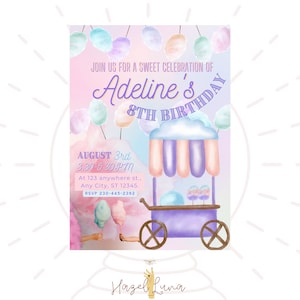 Convite de Aniversário Temático Algodão Doce | Editável e Digital