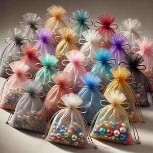 May include: Assortment of colourful sheer organza bags with drawstring closures. The bags are filled with various coloured beads and are perfect for packaging small gifts or favours.