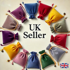 May include: A selection of velvet drawstring pouches in a range of colours, such as purple, blue, red, and yellow. Each pouch has a matching drawstring and is arranged in a circle. The text "UK Seller" is displayed in the centre.