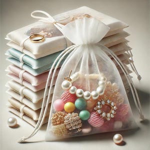 May include: A stack of white, blue, pink and beige satin pouches with a white organza bag filled with colourful beads, pearls and a gold ring.