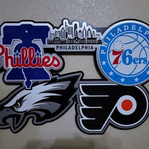 Philadelphia sports teams wall décor with skyline.