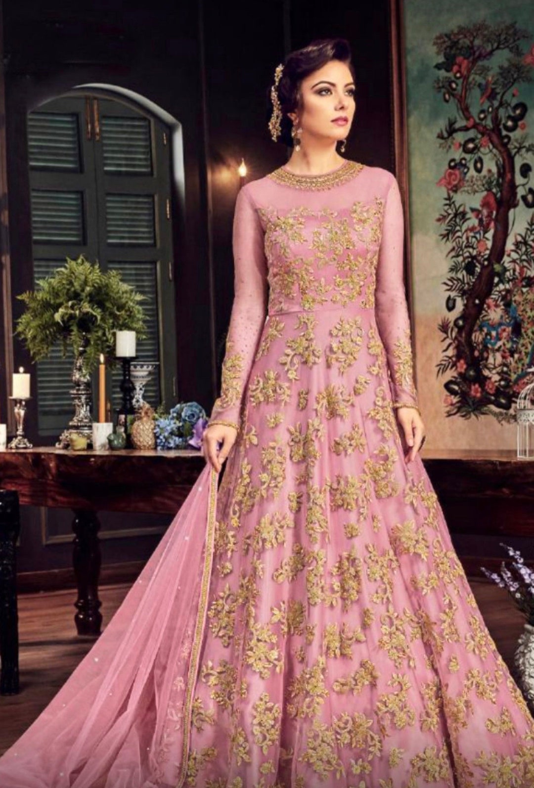 Pink net based embroidered gown hotsell