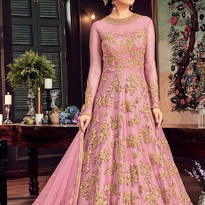 Pink net with gold embroidery gown