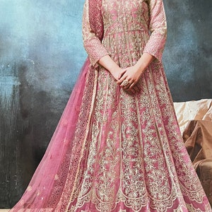 Wedding/party Pink With White  embroidery Thread Net Gown