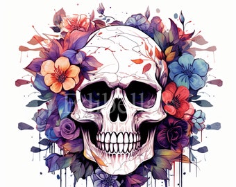 Clipart de sublimación de calavera floral 5 / 300 DPI JPEG / PNG transparente / 4096 x 4096 píxeles / 13,65 x 13,65 pulgadas / Descarga digital