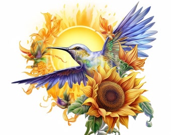 Colibrí de girasol / Conjunto de 10 / Paquete de imágenes prediseñadas / JPEG de alta calidad / PNG transparentes / Descarga digital / USO COMERCIAL GRATUITO / Naturaleza
