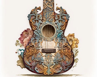 May include: A decorative acoustic guitar with intricate floral patterns in shades of blue, gold, and brown. The guitar has a white background and a soundhole with a floral design.