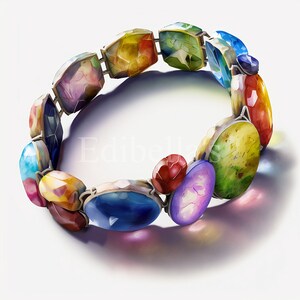 May include: A colorful bracelet made of various gemstones, including red, green, blue, purple, and yellow. The bracelet is made of oval-shaped stones that are connected by silver metal.