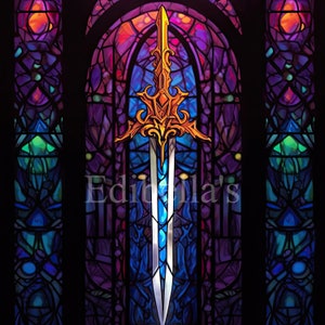 May include: A stained glass window with a gold and blue sword in the center. The window is made up of many small pieces of glass in different colors, including purple, red, and green. The sword is a symbol of strength and power.