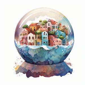 Sea Town Globe | Set of 10 | Clipart Bundle | High Quality JPEGs | Digital Download | Printable | FREE COMMERCIAL USE | Abstract Snow Globe