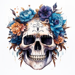 May include: A white sugar skull with intricate floral designs, adorned with a crown of blue, purple, and orange flowers. The skull has a detailed face with painted eyes and teeth.
