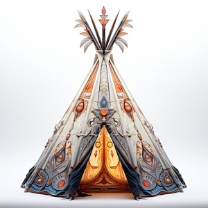 May include: A decorative teepee made of paper with intricate patterns in shades of blue, orange, and white. The teepee has a flap door and a pointed top with a decorative design.