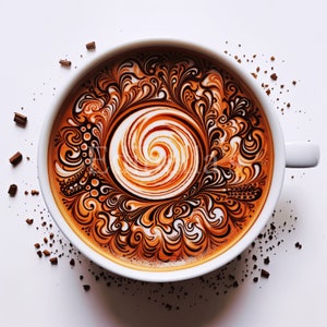 May include: A white ceramic mug with a brown and white swirl design on top of the coffee. The design is intricate and looks like a flower.