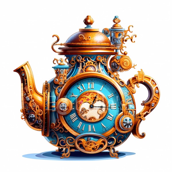 Teapot Clock | Set of 10 | Clipart Bundle | High Quality JPEGs | Transparent PNGs | Digital Download | FREE COMMERCIAL USE | Steampunk Clock