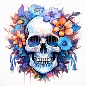 May include: A white human skull with a detailed, textured surface is surrounded by colorful flowers. The flowers are blue, purple, orange, and yellow. The skull has a toothy grin.